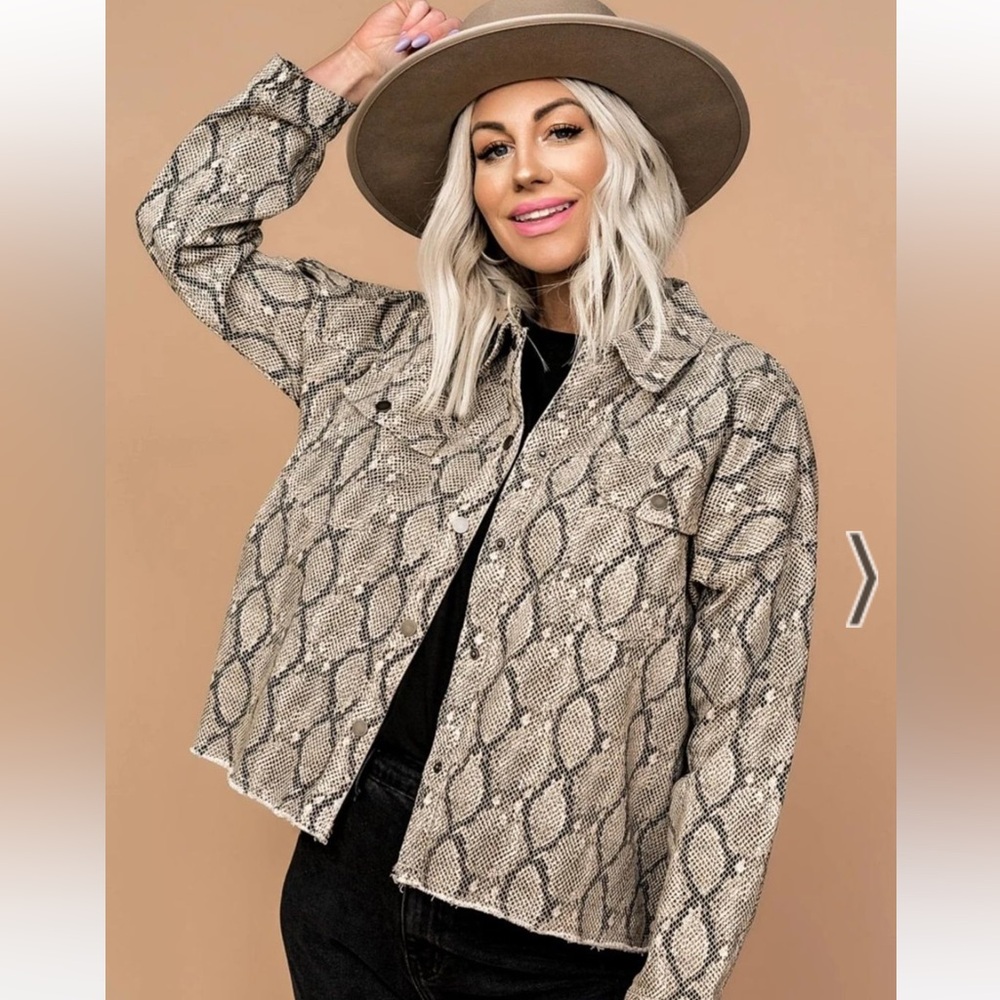 DIL Snake Print Button-Up Jacket - Beige OVERSIZED FIT